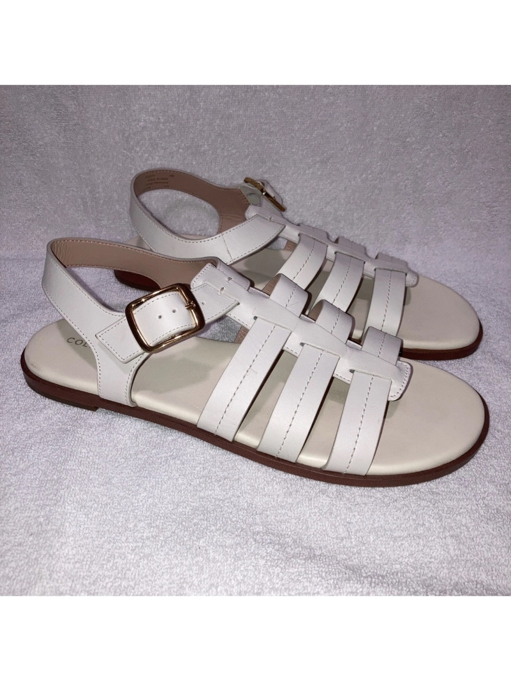 Cole Haan Flynn Ivory Leather Fisherman Sandals Gold Buckle Boho Coastal Sz 10B